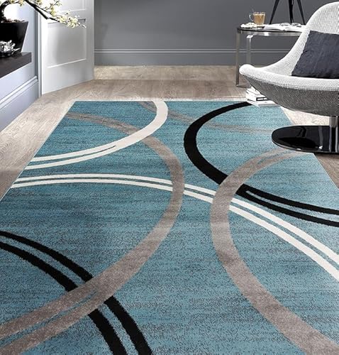 QJDTZMD Teppich groß 180 x 270 cm Wohnzimmerteppich Rutschfester Modern Dekoration maschinenwaschbar Teppich für Schlafzimmer büro Moderne Linien blau schwarz weiß von QJDTZMD