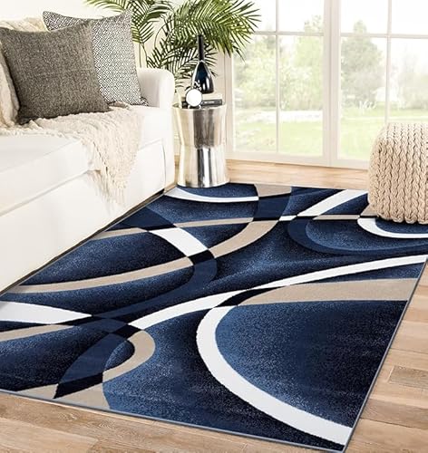 QJDTZMD Teppich groß 180 x 270 cm Wohnzimmerteppich Rutschfester Modern Dekoration maschinenwaschbar Teppich für Schlafzimmer büro Moderne Linien blau weiß schwarz von QJDTZMD