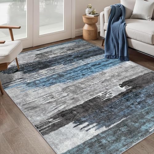 QJDTZMD Teppich groß 180 x 270 cm Wohnzimmerteppich Rutschfester Modern Dekoration maschinenwaschbar Teppich für Schlafzimmer büro Moderne abstrakte Tinte grau blau von QJDTZMD