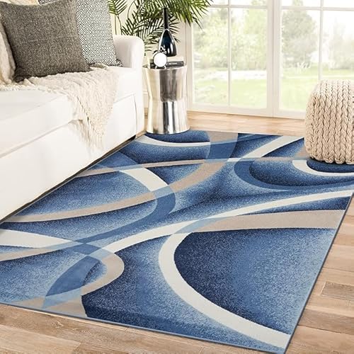 QJDTZMD Teppich groß 180 x 270 cm Wohnzimmerteppich Rutschfester Modern Dekoration maschinenwaschbar Teppich für Schlafzimmer büro Moderne geometrische Linien blau weiß von QJDTZMD