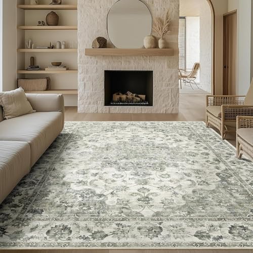 QJDTZMD Teppich groß 180 x 270 cm Wohnzimmerteppich Rutschfester Modern Dekoration maschinenwaschbar Teppich für Schlafzimmer büro Retro Blumen Grün Grau von QJDTZMD