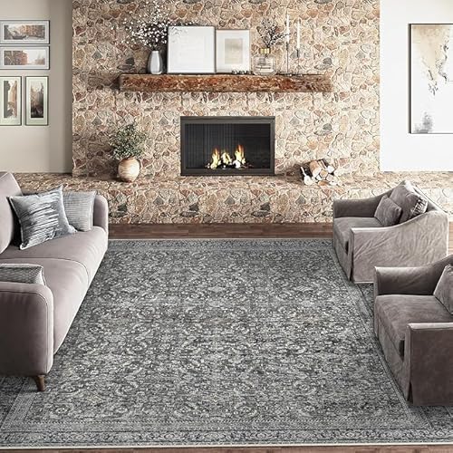QJDTZMD Teppich groß 180 x 270 cm Wohnzimmerteppich Rutschfester Modern Dekoration maschinenwaschbar Teppich für Schlafzimmer büro Retro Blumenmuster Grau Schwarz von QJDTZMD