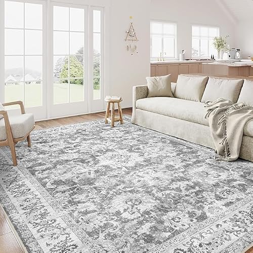 QJDTZMD Teppich groß 180 x 270 cm Wohnzimmerteppich Rutschfester Modern Dekoration maschinenwaschbar Teppich für Schlafzimmer büro Retro Blumenmuster Grau Weiß von QJDTZMD