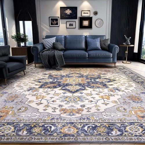 QJDTZMD Teppich groß 180 x 270 cm Wohnzimmerteppich Rutschfester Modern Dekoration maschinenwaschbar Teppich für Schlafzimmer büro Retro geometrischen ethnischen Stil blau und gelb von QJDTZMD