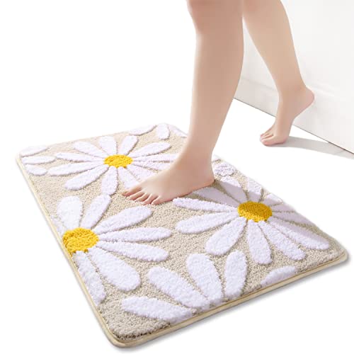 QJHOMO Beige Badezimmerteppich Niedliche Gänseblümchen Badematte rutschfest Waschbar Badteppich Weiße und Gelbe Blume Badvorleger Weiche Duschvorleger Absorbierende Badezimmer Teppich 50x80 cm von QJHOMO
