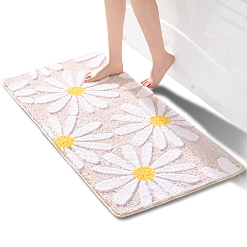 QJHOMO Beige Badezimmerteppich Niedliche Gänseblümchen Badematte rutschfest Waschbar Badteppich Weiße und Gelbe Blume Badvorleger Weiche Duschvorleger Absorbierende Badezimmer Teppich 60x120 cm von QJHOMO