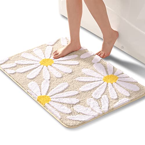 QJHOMO Beige Badezimmerteppich Niedliche Gänseblümchen Badematte rutschfest Waschbar Badteppich Weiße und Gelbe Blume Badvorleger Weiche Duschvorleger Absorbierende Badezimmer Teppich 60x90 cm von QJHOMO