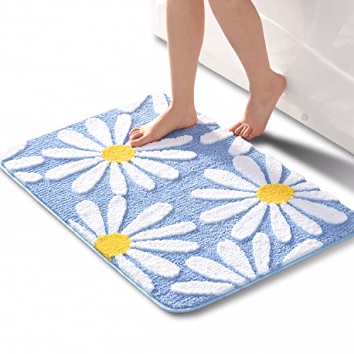 QJHOMO Blau Badezimmerteppich Niedliche Gänseblümchen Badematte rutschfest Waschbar Badteppich Weiße und Gelbe Blume Badvorleger Weiche Duschvorleger Absorbierende Badezimmer Teppich 60x90 cm von QJHOMO