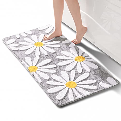 QJHOMO Grau Badezimmerteppich Niedliche Gänseblümchen Badematte rutschfest Waschbar Badteppich Weiße und Gelbe Blume Badvorleger Weiche Duschvorleger Absorbierende Badezimmer Teppich 60x120 cm von QJHOMO