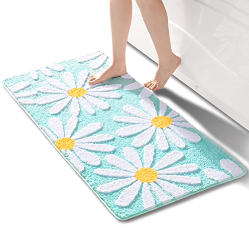 QJHOMO Grün Badezimmerteppich Niedliche Gänseblümchen Badematte rutschfest Waschbar Badteppich Weiße und Gelbe Blume Badvorleger Weiche Duschvorleger Absorbierende Badezimmer Teppich 60x120 cm von QJHOMO