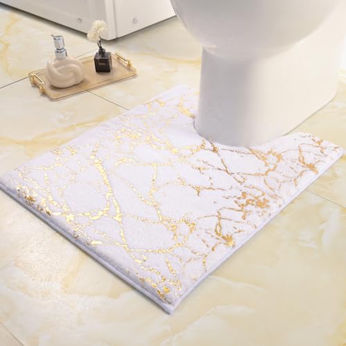 QJHOMO Badematte Rutschfest Waschbar Badvorleger, Weiss Badezimmerteppich WC Vorleger mit Ausschnitt, Gold Deko Toiletten Teppich Luxus Bad Accessoires, weich Mikrofaser saugstark Badteppich, 50x60 cm von QJHOMO