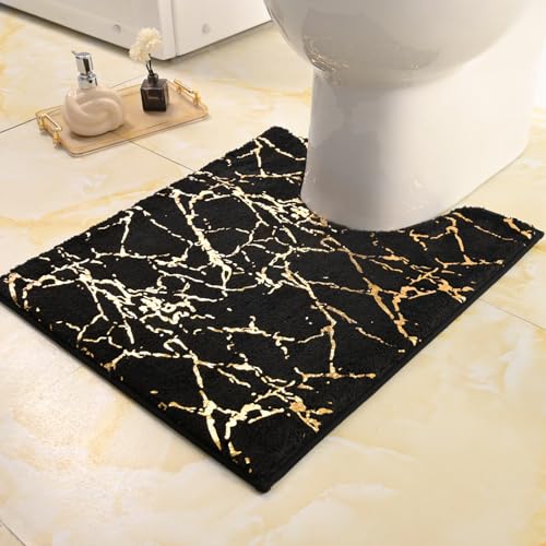 QJHOMO Badematte rutschfest Waschbar Badvorleger, WC Vorleger mit Ausschnitt Schwarz Badezimmerteppich, Gold Deko WC Teppich Luxus Bad Accessoires, weich Mikrofaser saugstark Badteppich 50x50 cm von QJHOMO