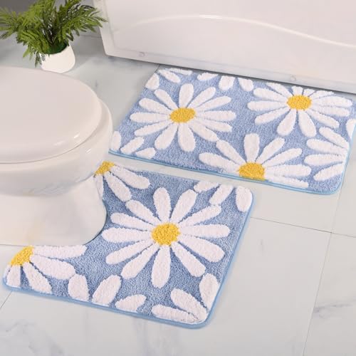 QJHOMO Badezimmerteppich-Set, 2-teilig, niedliches Gänseblümchen-Badvorleger, blauer WC-Vorleger, U-förmig, Blumen-Deocr-Badematte, rutschfeste Kontur-Badematte, super saugfähige QJHOMO Badezimmerteppich-Set, 2-teilig, niedliches Gänseblümchen-Badvorleger, blauer WC-Vorleger, U-förmig, Blumen-Deocr-Badematte, rutschfeste Kontur-Badematte, super saugfähige von QJHOMO