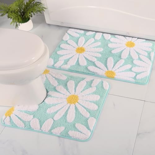 QJHOMO Badezimmerteppich-Set, 2-teilig, niedliches Gänseblümchen-Motiv, WC-Vorleger, U-förmig, Blumen-Deko, Badezimmer-Set, rutschfeste Kontur-Badematte, super saugfähige Mikrofaser-Bodenmatten, QJHOMO Badezimmerteppich-Set, 2-teilig, niedliches Gänseblümchen-Motiv, WC-Vorleger, U-förmig, Blumen-Deko, Badezimmer-Set, rutschfeste Kontur-Badematte, super saugfähige Mikrofaser-Bodenmatten, von QJHOMO