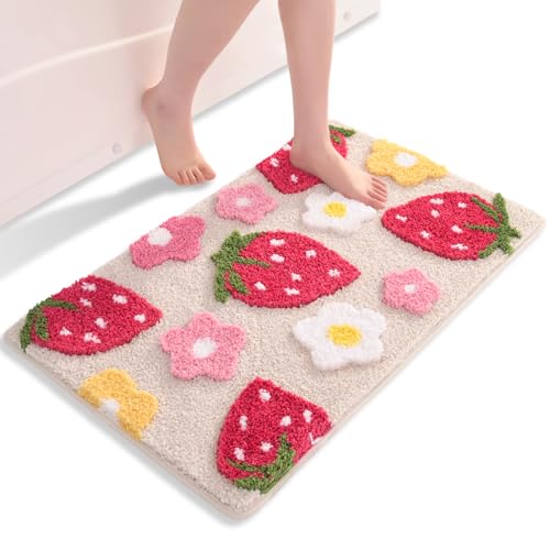 QJHOMO Beige Badezimmerteppich Erdbeer Badematte rutschfest Waschbar Badteppich Bunt Badvorleger Weiche Mikrofaser Duschvorleger Absorbierende Badezimmer Teppich 45 x 65 cm von QJHOMO