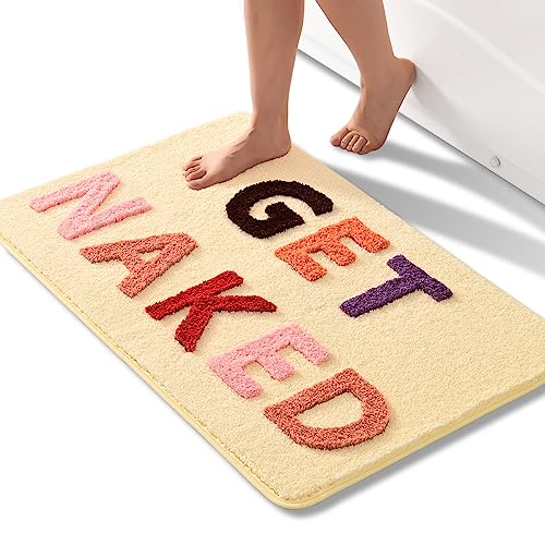 QJHOMO Get Naked Badematte Beige Badezimmermatten 60 x 90 cm, rutschfeste Badematten für Badezimmer, bunte Buchstaben, weiche Mikrofaser, maschinenwaschbarer Teppich von QJHOMO