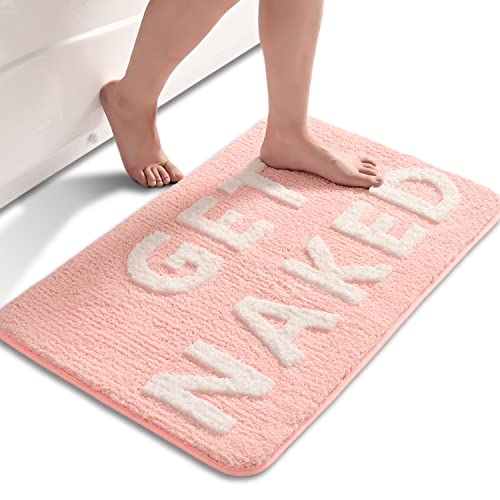 QJHOMO Get Naked Badematte Rosa und Weiß Badezimmermatten 40 x 60 cm, rutschfeste Badematten für Badezimmer, bunte Buchstaben, weiche Mikrofaser, maschinenwaschbarer Teppich von QJHOMO