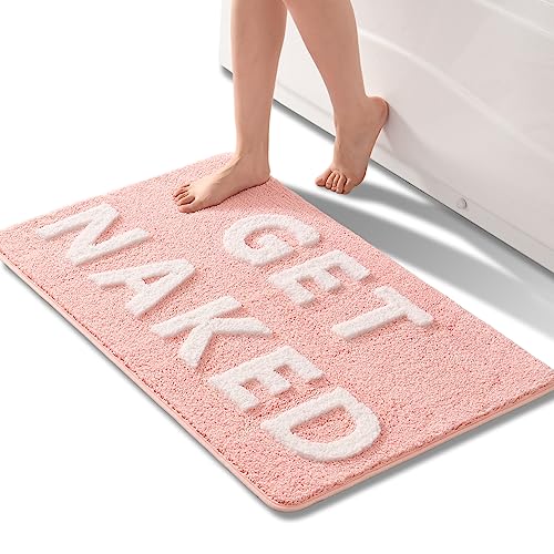 QJHOMO Get Naked Badematte Rosa und Weiß Badezimmermatten 60 x 90 cm, rutschfeste Badematten für Badezimmer, bunte Buchstaben, weiche Mikrofaser, maschinenwaschbarer Teppich von QJHOMO