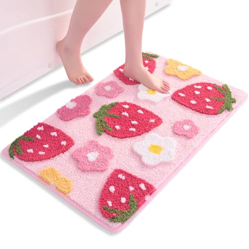 QJHOMO Rosa Badezimmerteppich Erdbeer Badematte rutschfest Waschbar Badteppich Bunt Badvorleger Weiche Mikrofaser Duschvorleger Absorbierende Badezimmer Teppich 45 x 65 cm von QJHOMO