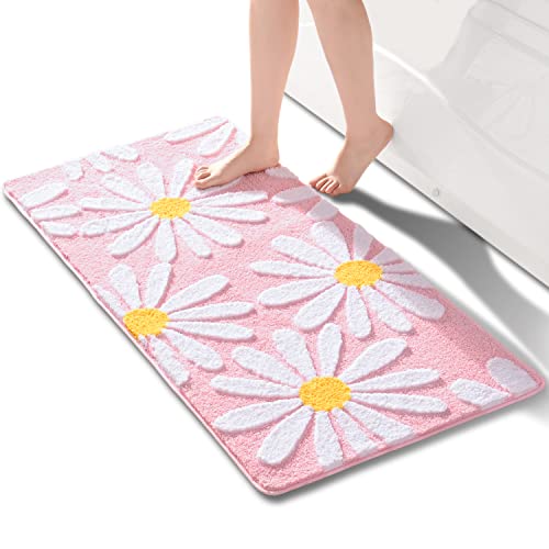 QJHOMO Rosa Badezimmerteppich Niedliche Gänseblümchen Badematte rutschfest Waschbar Badteppich Weiße und Gelbe Blume Badvorleger Weiche Duschvorleger Absorbierende Badezimmer Teppich 60x120 cm von QJHOMO
