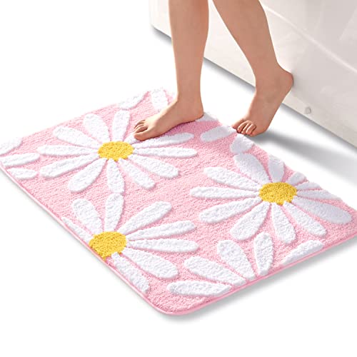 QJHOMO Rosa Badezimmerteppich Niedliche Gänseblümchen Badematte rutschfest Waschbar Badteppich Weiße und Gelbe Blume Badvorleger Weiche Duschvorleger Absorbierende Badezimmer Teppich 60x90 cm von QJHOMO