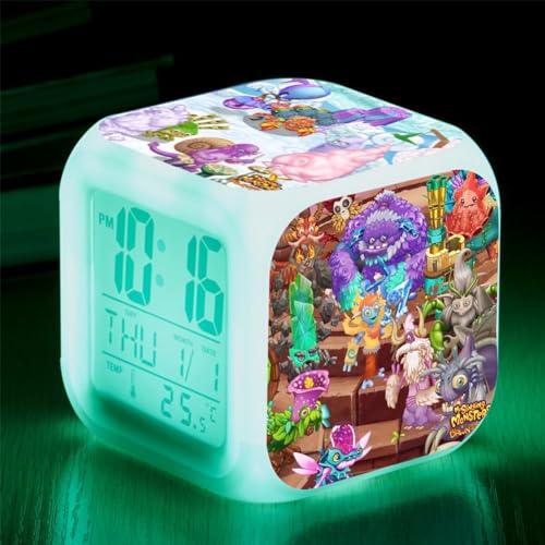 QJIRZB My Singing Monsters Wecker für Kinder, Spiel-LED-Digitalalarm mit 7 farbwechselnden Nachtlichtern, Anzeige der Zeit und Temperatur (Typ 10, 8 x 8 x 8 cm) von QJIRZB