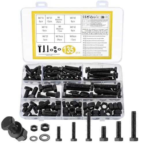 135 STK M6 M8 Sechskantschrauben Muttern Set, Maschinenschrauben und Muttern und Unterlegscheiben Set, Metrisch Sechskant Gewindeschrauben mit Muttern Set mit Unterlegscheiben Sortiment Kit, Schwarz von QJKEJI