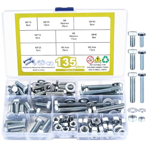 135 STK M6 M8 Sechskantschrauben Muttern Set, Metrisch Sechskant Gewindeschrauben mit Muttern Set mit Unterlegscheiben Sortiment Kit ﻿ (Weiße Zinkfarbe) von QJKEJI