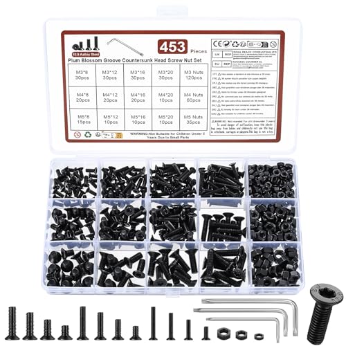 450 STK M3 M4 M5 Torx Schrauben Set, Senkkopfschrauben Muttern Set, Torx Flachkopfschrauben mit Muttern Set, Torx Maschinenschrauben Sortiment, Schwarz metrische Gewindeschrauben Set mit Muttern von QJKEJI