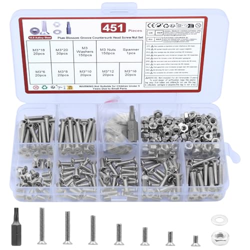 451 Stk M3 Schrauben Set, Torx Senkkopfschrauben Muttern Set, Senkkopf Maschinenschrauben Sortiment, Torx Flachkopfschrauben mit Muttern Set, Gewindeschrauben mit Unterlegscheiben Set(M3, Silber) von QJKEJI
