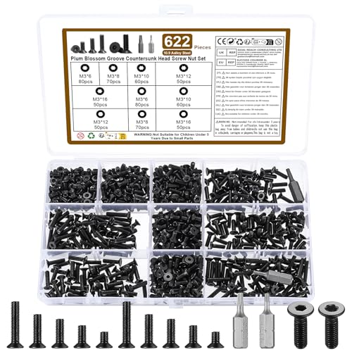 620 STK M3 Schrauben Set, Senkkopfschrauben Set, Senkkopf Innensechskant Schraubenset + Torx Senkkopf Gewindeschrauben Set, Schwarz Metrische Flachkopf Vollgewinde Senkschrauben Set, mit 2 Bits von QJKEJI