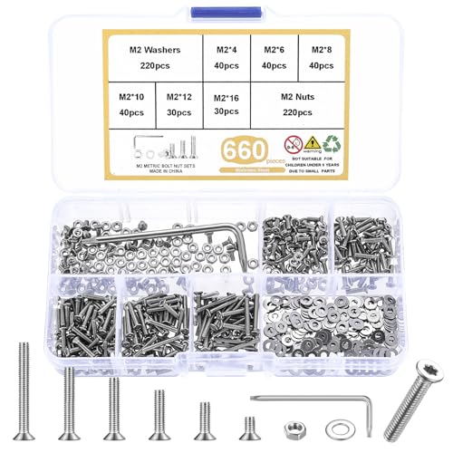 660 STK M2 Torx Schrauben Set, Senkkopfschrauben Muttern Set, Torx Flachkopfschrauben mit Muttern Set, Edelstahl Maschinenschrauben Sortiment und Unterlegscheiben Set, metrische Gewindeschrauben Set von QJKEJI