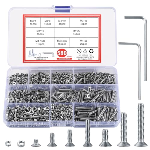 QJKEJI 580pcs M3 M4 Flat Hex Socket Head Screws Bolts and Nuts, Metric Countersunk Bolts, Stainless Steel Round Flat Socket Machine Hex Button Head Cap Screws and Nuts Set von QJKEJI