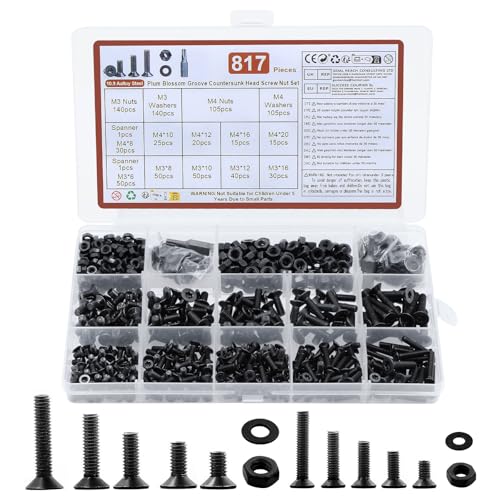 817 Stk M3 M4 Schrauben Set, Torx Senkkopfschrauben Muttern Set, Senkkopf Maschinenschrauben Sortiment, Torx Flachkopfschrauben mit Muttern, Gewindeschrauben mit Unterlegscheiben Set(M3 M4, Schwarz) von QJKEJI