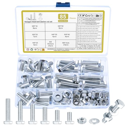 85 Stück M8 Schrauben Set, Sechskantschrauben Muttern Set, Gewindeschrauben Set, Maschinenschrauben Sortiment mit Unterlegscheiben Set, Sechskantkopfschrauben und Muttern Set von QJKEJI