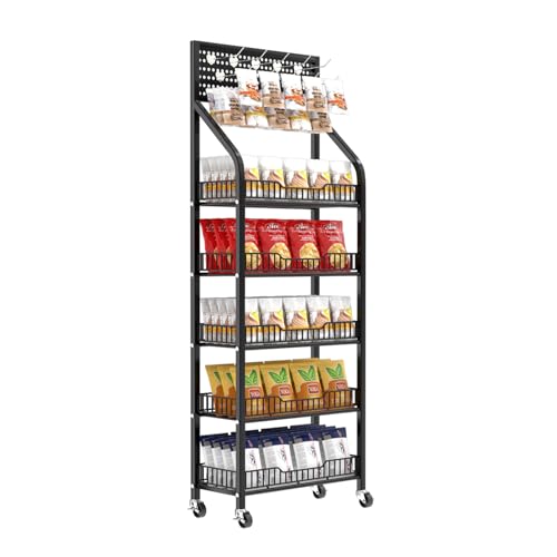 QJSZMEI 5-Stöckiges Snack-Regal Supermarkt, Süßigkeiten Display Rack mit Rädern und 15 Haken, Einzelhandel Chips Ausstellungsständer, Einlegeböden aus Metall für Geschäfte Küchen Läden (Schwarz) QJSZMEI 5-Stöckiges Snack-Regal Supermarkt, Süßigkeiten Display Rack mit Rädern und 15 Haken, Einzelhandel Chips Ausstellungsständer, Einlegeböden aus Metall für Geschäfte Küchen Läden (Schwarz) von QJSZMEI