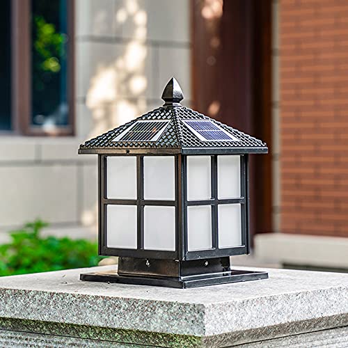 QJUZO Außen Solar Pfostenlichter, Schwarz Aluguss Sockelleuchte, LED Gartenleuchte mit Fernbedienung, Garten Deko Solarleuchte für Patio Yard Einfahrt, Dimmbar, 3 Farbtemperatur, Timing,D25*h37cm von QJUZO