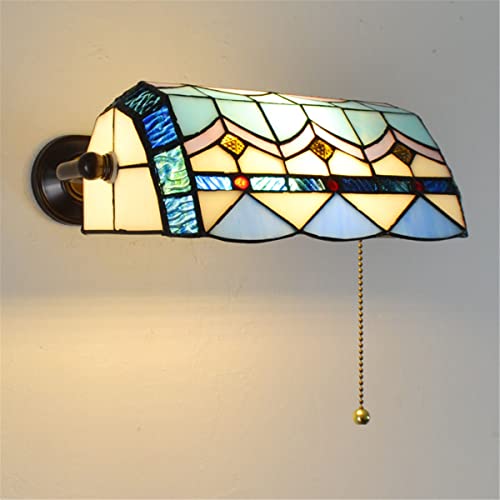 QJUZO Retro Wandleuchte Mit Zugschalter, Banker Lampe Landhausstil Tiffany Wandlampe, Glasmalerei Lampenschirm E27 Wandbeleuchtung Schlafzimmer Nachttischlampe Wohnzimmerlampe Studieren Licht,F von QJUZO