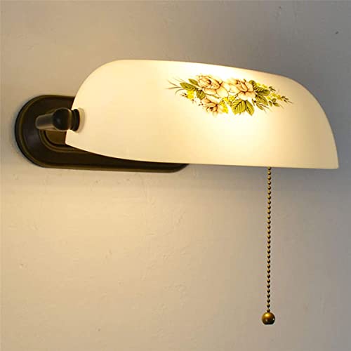 QJUZO Retro Wandleuchte Mit Zugschalter, Banker Lampe Landhausstil Tiffany Wandlampe, Glasmalerei Lampenschirm E27 Wandbeleuchtung Schlafzimmer Nachttischlampe Wohnzimmerlampe Studieren Licht,K von QJUZO