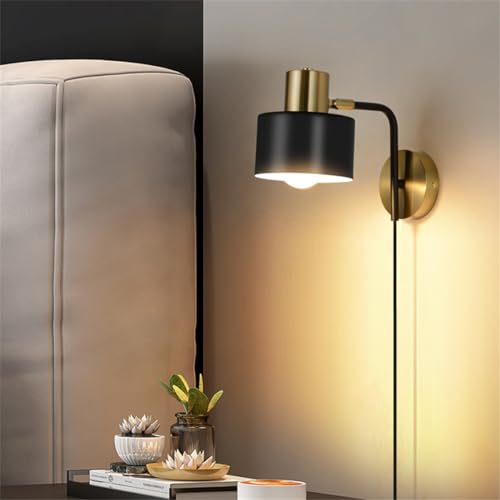 QJUZO Vintage Wandlampe mit Stecker, Wandleuchte Bett mit Schalter und Kabel, E27 Verstellbar Wandspot Wandstrahler aus Metall, Schwarz Wandleuchte Innen für Schlafzimmer Wohnzimmer von QJUZO