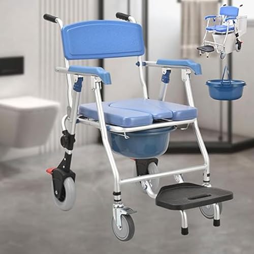 QJWM 3-In-1 Dusch Und Toilettenstuhl Fahrbar Toilettenstuhl Mit Rollen Multifunktionaler Duschstuhl Mit Rollen Klappbar Vier Räder Mit Bremsen B von QJWM