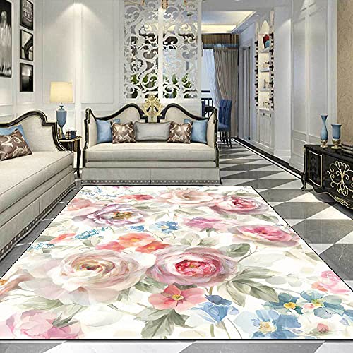 Designer Teppich In- Und Outdoor Teppich Modern Modische Teppich Super Weich Kunst schöne aquarell Blume Blume rosa weiß blau 100X160CM(3ft3 x 5ft3) von QJWY-Home