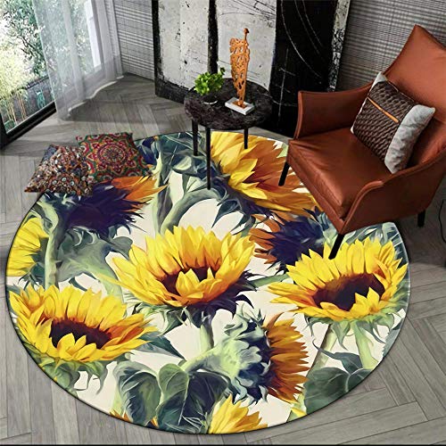 QJWY-Home Designer Rug Rund rutschfest Abwaschbar Teppiche Gelbe handgemalte große Blumen 160CM von QJWY-Home