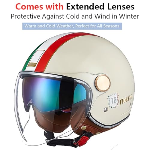 Vintage Motorrad Jethelme 3/4 Open Face Motorbike Half Helm mit Doppelvisier ECE Approved Electric Bicycle Scooter Helmet Crash Helmet Roller Helm für Damen Herren I,XL=59-60CM von QKBMFK