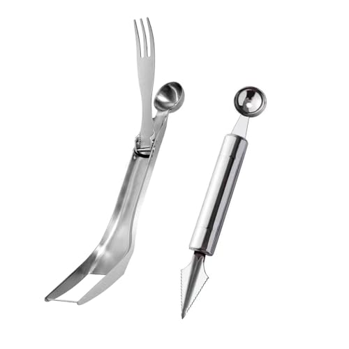QKEPCY 2 Stück Obst Werkzeug Set aus Edelstahl 4 in 1 Melonenschneider Multifunktion Obstschnitzmesser Melonenlöffel Kugelausstecher Küchenwerkzeug Cutter für DIY-Obstsalate von QKEPCY