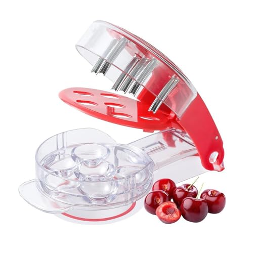 QKEPCY Kirschkernentferner mit Griff Drücken 6 Kirschen Pitter Multifunktionales Entkerner-Werkzeug mit Auffangbehälter Lebensmittelecht Beschichtet für Obst Kirsche Obstbeere von QKEPCY