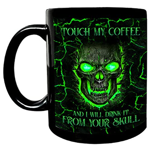 QKFON Keramik-Tasse mit Totenkopf-Motiv, schwarze Glasur, Bierbecher, Kaffeebecher, Teetasse, Trinkbecher, Milchbecher, Horror, Totenkopf-Druck, interessante Kaffee-Teetasse, 300 ml von QKFON