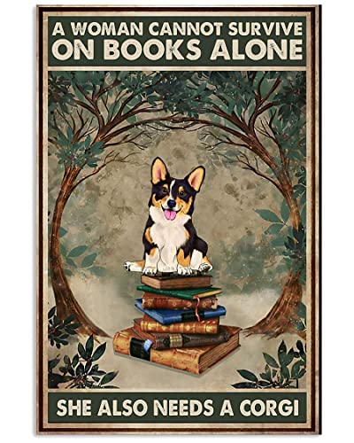 QKIODS Love Tricolor Corgi and Books Retro Metall Blechschilder Vintage Aluminium Schild für Zuhause Zimmer Metalldekoration 20,3 x 30,5 cm von QKIODS