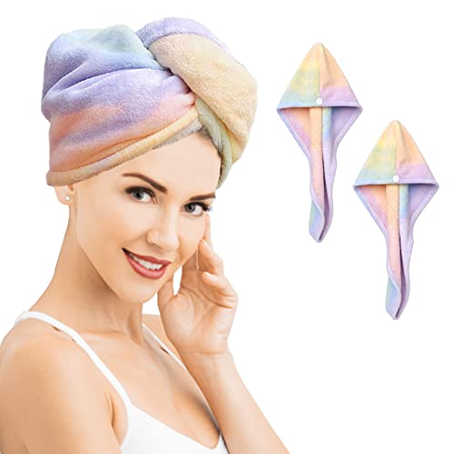 2 Stück Mikrofaser-Handtuch, Wickeltuch, Regenbogen, schnell trocknend, super saugfähig, gedrehter Turban zum Trocknen der Haare mit Knöpfen und trockenem Haar, Hut für Frauen und Mädchen von QKTYB