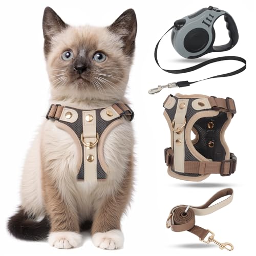 Katzengeschirr mit Leine Ausbruchsicher, Automatisch Einziehbare Katzenleine und Geschirr Katze Set, Verstellbares Katzen Geschirr Set mit Katzen Leine, Cat Harness für Kitten Hunde von QKTYB